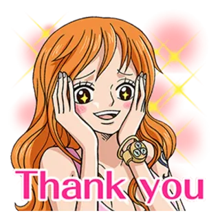 😍 Nami One Piece Thank you 애니메이션, 감사합니다, 주황색 머리, 반짝이, 쾌활한 telegram sticker