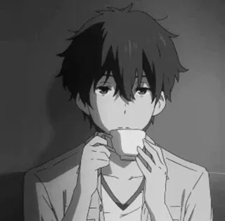 🕸 Anime, Menino, Bebendo, Chá, Xícara, Preto e branco, Desenho animado telegram sticker