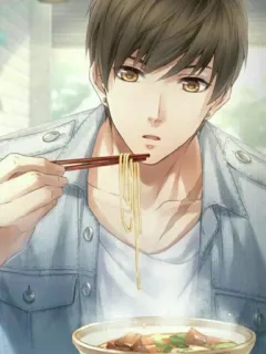 🍜 pria, makan, mi, sumpit, gaya anime, mangkok telegram sticker