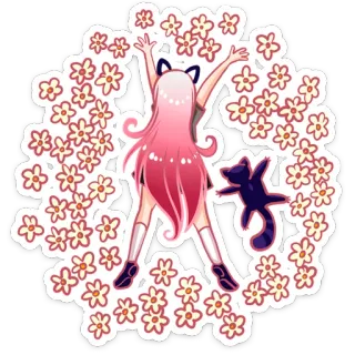 🌸 anime, cat ears, pink hair, flowers, cute, cartoon, whimsical telegram sticker