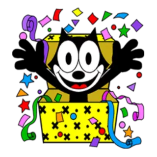 🎉 Felix the Cat Félix el Gato, Dibujos animados, Gato, Fiesta, Confeti, Caja whatsapp sticker