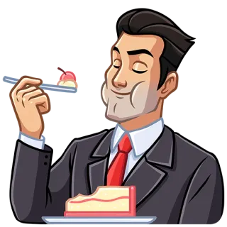 😋 мужчина, торт, еда, десерт, ест, костюм, наслаждается, мультфильм whatsapp sticker