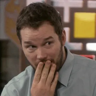 🤭 Andy Dwyer Parks and Recreation แอนดี้ ดไวเยอร์, คริส แพรตต์, Parks and Recreation, รายการทีวี, ปฏิกิริยา, ประหลาดใจ, ตลก telegram sticker