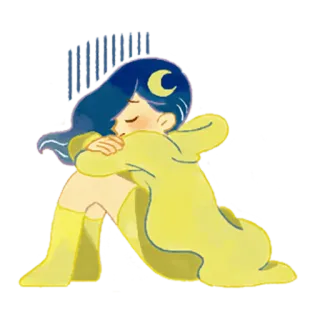 😞 Mädchen, Mond, traurig, einsam, sitzend, Cartoon, Illustration telegram sticker
