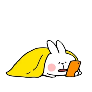 😐 lapin, dessin animé, mignon, endormi, couverture, téléphone, lit, paresseux whatsapp sticker