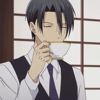 🐉 anime, man, tea, cup, suit, formal, elegant, drinking telegram sticker