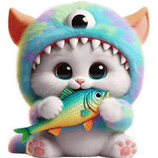 😋 kot, potwór, słodki, kociak, ryba, zwierzę, kreskówka, sztuka cyfrowa telegram sticker