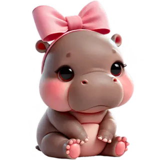 😔 hipopotam, słodki, kreskówka, zwierzę, kawaii, różowy, kokarda, dziecko telegram sticker