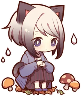 😕 animé, autocollant, fille, chat, mignon, triste, champignons whatsapp sticker