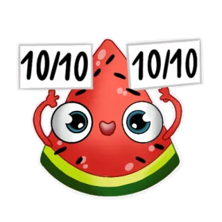 💯 10/10 10/10 anguria, cibo, valutazione, carino, frutta, cartone animato whatsapp sticker