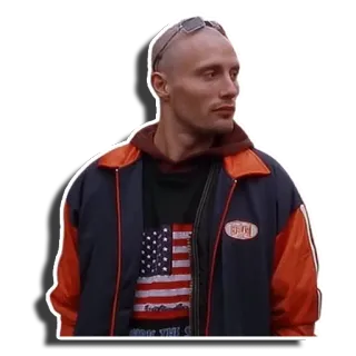 😏 man, jacket, american flag, sunglasses, bald telegram sticker