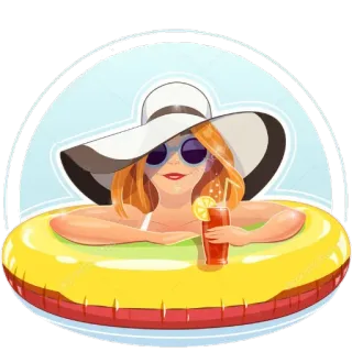 😎 verão, mulher, praia, piscina, férias, boia, bebida, chapéu, óculos de sol telegram sticker