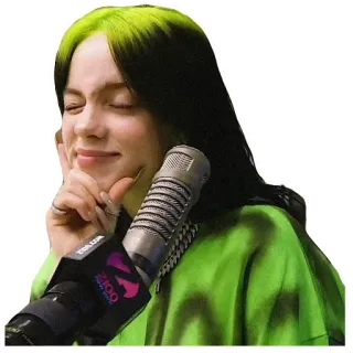 😉 Billie Eilish Билли Айлиш, певица, микрофон, знаменитость, зеленые волосы, портрет telegram sticker