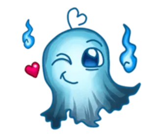 😘 geist, niedlich, herz, zwinkernd, blau, cartoon, flammen whatsapp sticker