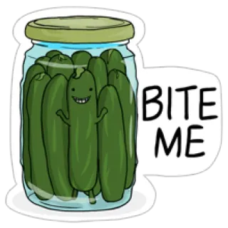 👱 BITE ME pepinillo, tarro, dibujo animado, comida, mordisco, divertido telegram sticker