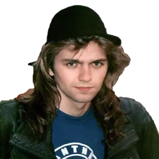😮 hombre, retrato, sombrero, pelo largo, chaqueta de cuero, bombín telegram sticker
