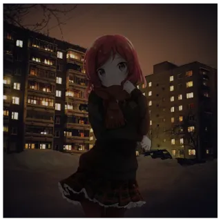 🌇 Anime, Fille, Hiver, Neige, Bâtiments telegram sticker