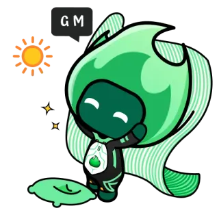 🌅 GM desenho animado, fofo, verde, personagem, sonolento, bom dia, travesseiro whatsapp sticker