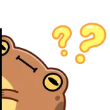 🤭 rana, punti interrogativi, pensando, confuso, marrone, animale, cartone animato whatsapp sticker