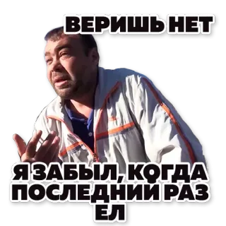 🍜 ВЕРИШЬ НЕТ
Я ЗАБЫЛ, КОГДА ПОСЛЕДНИИ РАЗ ЕЛ мужчина, русский, текст, цитата, еда telegram sticker
