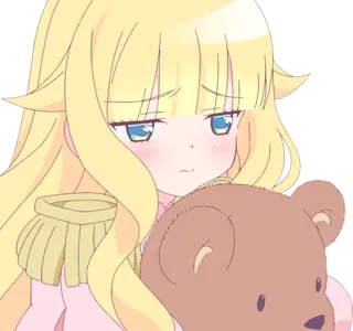 😞 Dziewczyna anime, Pluszowy miś, Blond włosy, Słodki, Smutny, Epolety, Różowa sukienka telegram sticker