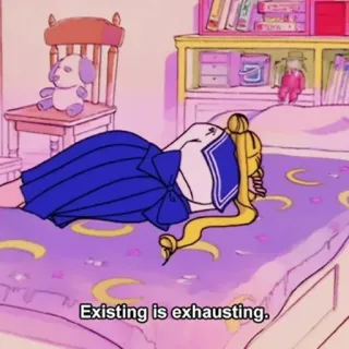 😔 Sailor Moon Existing is exhausting. anime, kelelahan, kartun, karakter, kamar tidur, berbaring, bulan whatsapp sticker