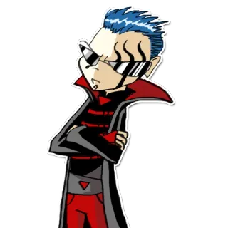 😎 Cartoon, Figur, Sonnenbrille, Rot, Schwarz, Blaue Haare telegram sticker