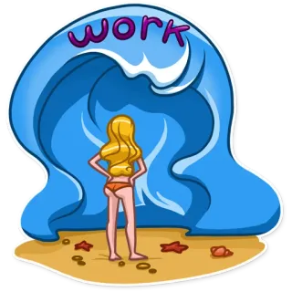 😒 WORK Arbeit, Strand, Welle, blond, Frau, Bikini, Cartoon whatsapp sticker