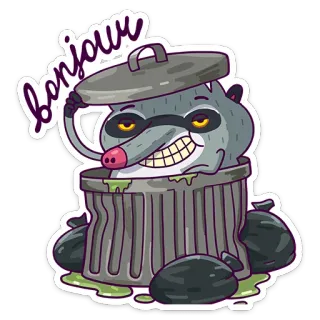 ☺️ bonjour rakun, tempat sampah, hewan, salam, bonjour, kartun telegram sticker