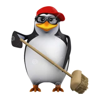 ✨ chim cánh cụt, dọn dẹp, chổi, hoạt hình, mũ nồi telegram sticker
