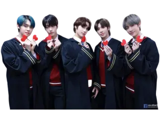 💕 K-pop, TXT, Photo de groupe, Coeurs rouges, Robes noires telegram sticker
