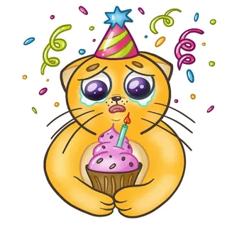 🥳 cat, sad, birthday, cupcake, party, cartoon, animal, celebration, tears whatsapp sticker
