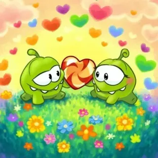 💛 Om Nom Cut the Rope Om Nom, Cut the Rope, bonbon, coeur, amour, mignon, monstre, vert whatsapp sticker