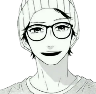 😄 Anime, Manga, Ragazzo, Occhiali, Berretto, Monocromo telegram sticker