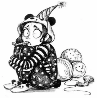 🍂 triste, menina, panda, pijama, chapéu de festa, balões, desenho, ilustração whatsapp sticker