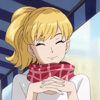 🚬 anime, cô gái, tóc vàng, cười, khăn quàng cổ telegram sticker