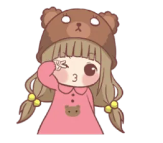😙 kawaii, fofo, menina, urso, sinal de paz, desenho animado, adesivo telegram sticker
