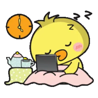 💻 сонный, утка, мультфильм, ноутбук, чай, будильник whatsapp sticker