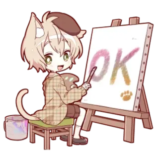 🙆‍♀️ OK cat, artist, painting, cute, anime, ok, approval telegram sticker