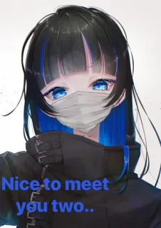 🙂 Nice to meet you two.. chica anime, pelo azul, máscara, reunión, amigable, saludo telegram sticker