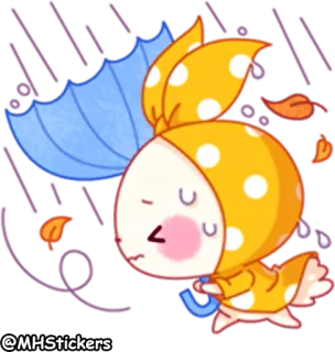😰 @MHStickers dibujos animados, lluvia, paraguas, amarillo, otoño, hojas, lindo, personaje, pegatina whatsapp sticker