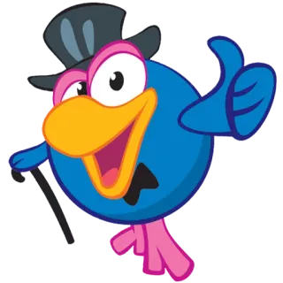 👍 pájaro de dibujos animados, personaje, sombrero de copa, bastón, pájaro azul, rosa, animal whatsapp sticker