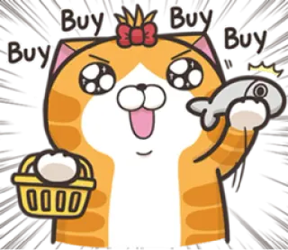 😆 Buy Buy Buy Katze, kaufen, Shopping, Fisch, Korb, niedlich, kawaii telegram sticker