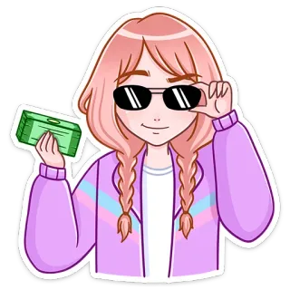 😎 женщина, деньги, мультфильм, солнцезащитные очки, косы, наличные telegram sticker