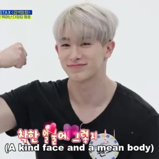 🏹 STAX <검색창회>
뛰어난 다정김원호
착한 얼굴에 그렇지
(A kind face and a mean body) korean, man, idol, smile, kpop telegram sticker
