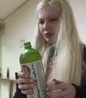 😟 リゼッタ Getränk, Flasche, Frau, Blond, japanischer Text, Getränk telegram sticker
