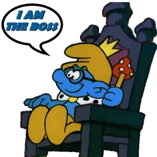👑 Brainy Smurf I AM THE BOSS Puffo, Cartone animato, Capo, Sedia, Fungo telegram sticker