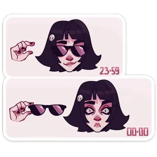 🫨 23.59
00-00 лицо, солнцезащитные очки, мультфильм, персонаж, иллюстрация, женщина telegram sticker