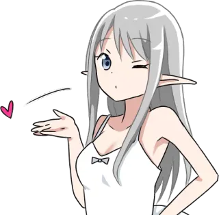😘 garota anime, elfo, piscando, mandando beijo, cabelo branco, olhos azuis whatsapp sticker