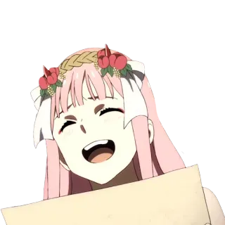 😆 Zero Two Darling in the Franxx Anime, Zero Two, Darling in the Franxx, Fröhlich, Pinke Haare telegram sticker